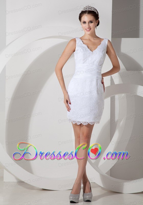 Low Price Column V-neck Mini-length Satin Lace Wedding Dress