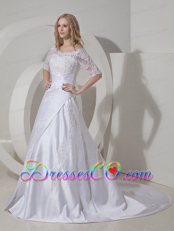 Modest A-line Scoop Chapel Train Satin Lace Wedding Dress