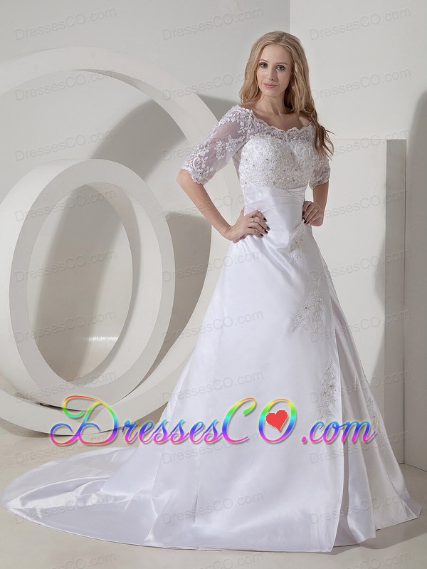 Modest A-line Scoop Chapel Train Satin Lace Wedding Dress