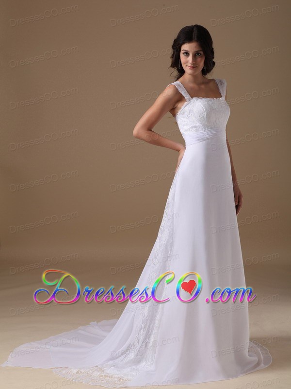 Beautiful A-line Square Court Train Chiffon Lace Wedding Dress