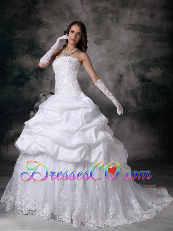 Modest Ball Gown Strapless Brush Train Taffeta Lace Wedding Dress