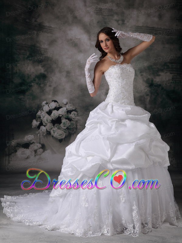 Modest Ball Gown Strapless Brush Train Taffeta Lace Wedding Dress