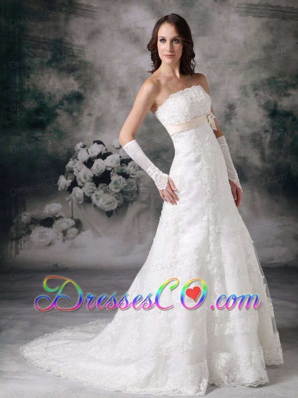 Perfect A-line Strapless Court Train Lace Bowknot Wedding Dress