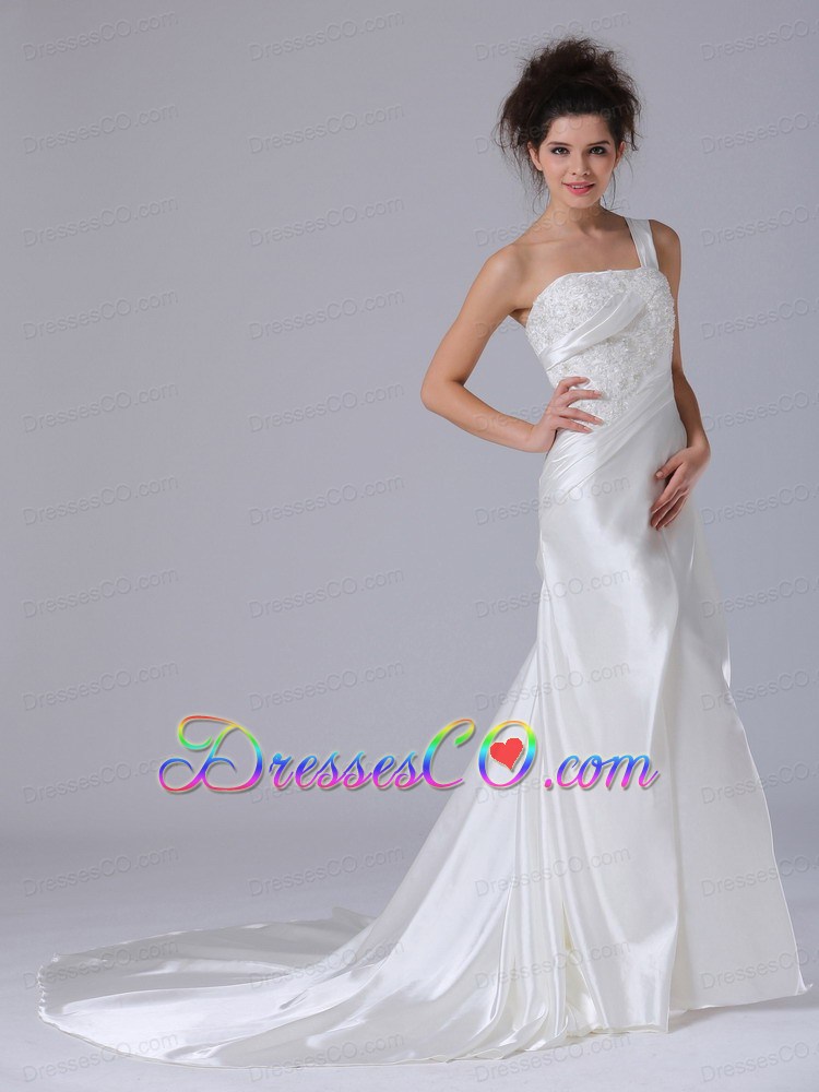 Elegant One Shoulder Column Beading Taffeta Court Train Wedding Dress