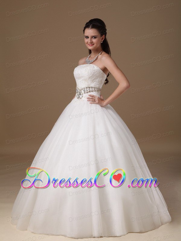 White Ball Gown Strapless Long Taffeta And Tulle Beading And Lace Weddingdress