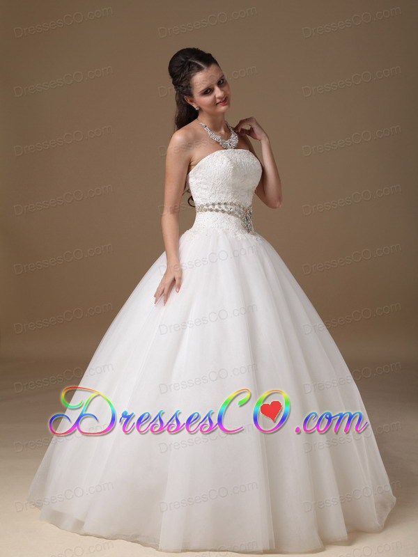 White Ball Gown Strapless Long Taffeta And Tulle Beading And Lace Weddingdress