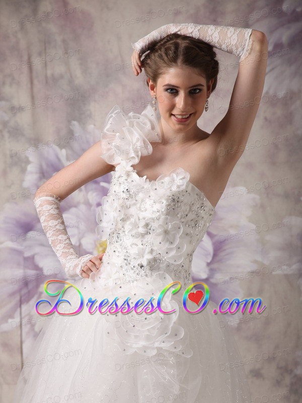 Elegant A-line One Shoulder Long Organza Beading Wedding Dress