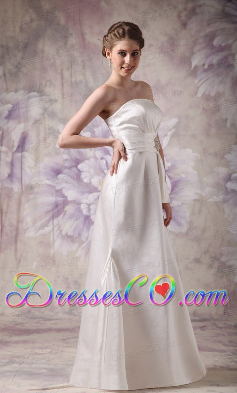 White Column Strapless Long Taffeta Beading Wedding Dress