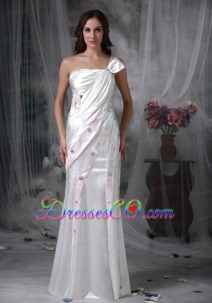 Pretty Column One Shoulder Long Taffeta Beading And Ruched Wedding Dress