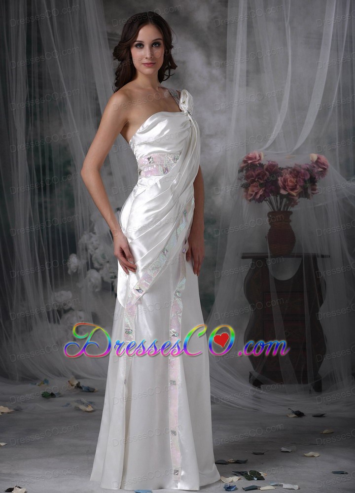 Pretty Column One Shoulder Long Taffeta Beading And Ruched Wedding Dress