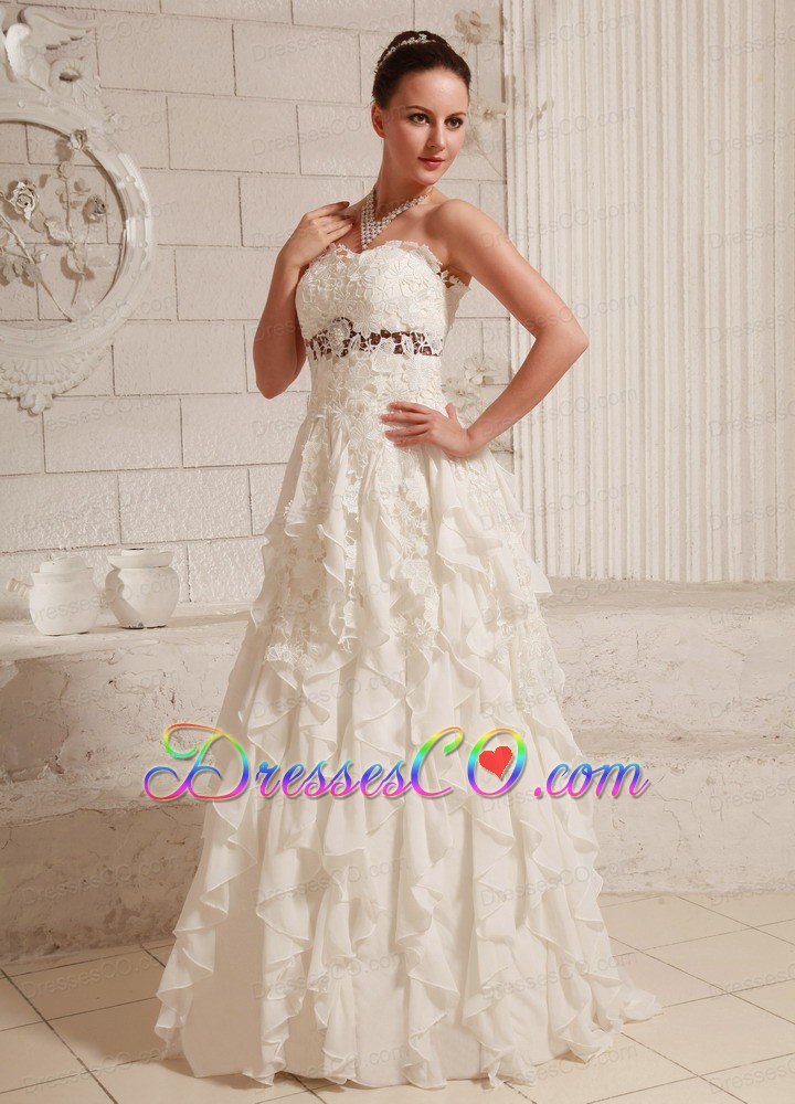 Lace and Chiffon Ruffled Pretty A-line Wedding Dress With Brush Train