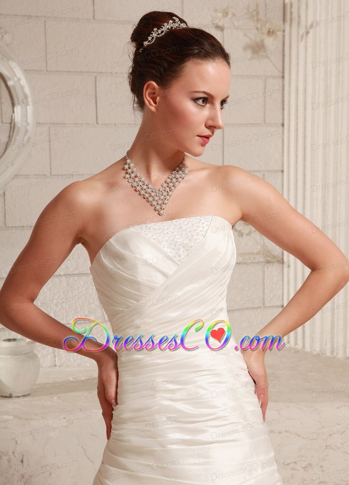 Hand Made Flower and Ruched A-line Customize Wedding Dress With Court Train Taffeta and Lace