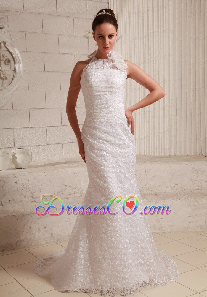 Lace Hand Made Flower Sheath Wedding Dress With Halter Brush Train
