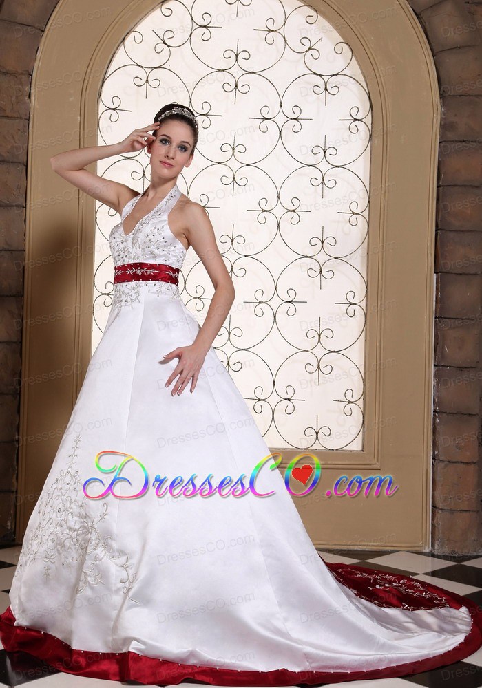 Halter Modest Wedding Dress Online Beautiful Embroidery On Satin