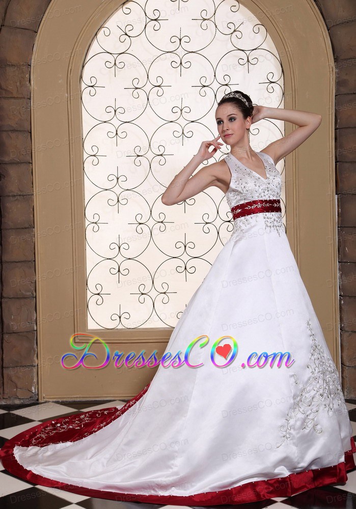 Halter Modest Wedding Dress Online Beautiful Embroidery On Satin
