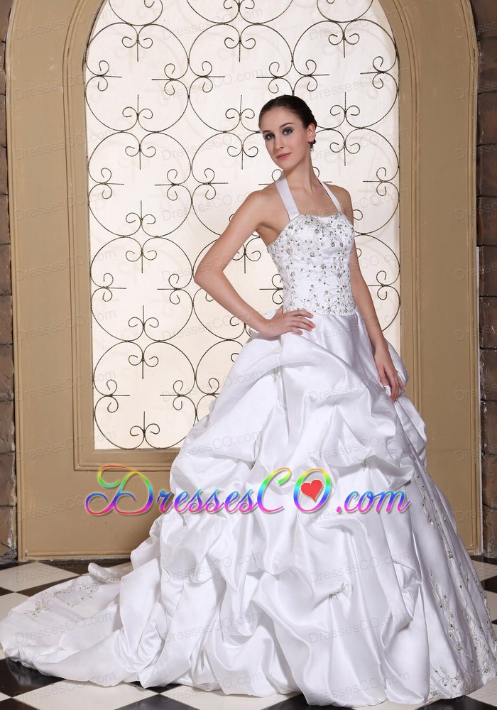 Halter Exquisite Wedding Dress For Embroidery and Pick-ups On Satin