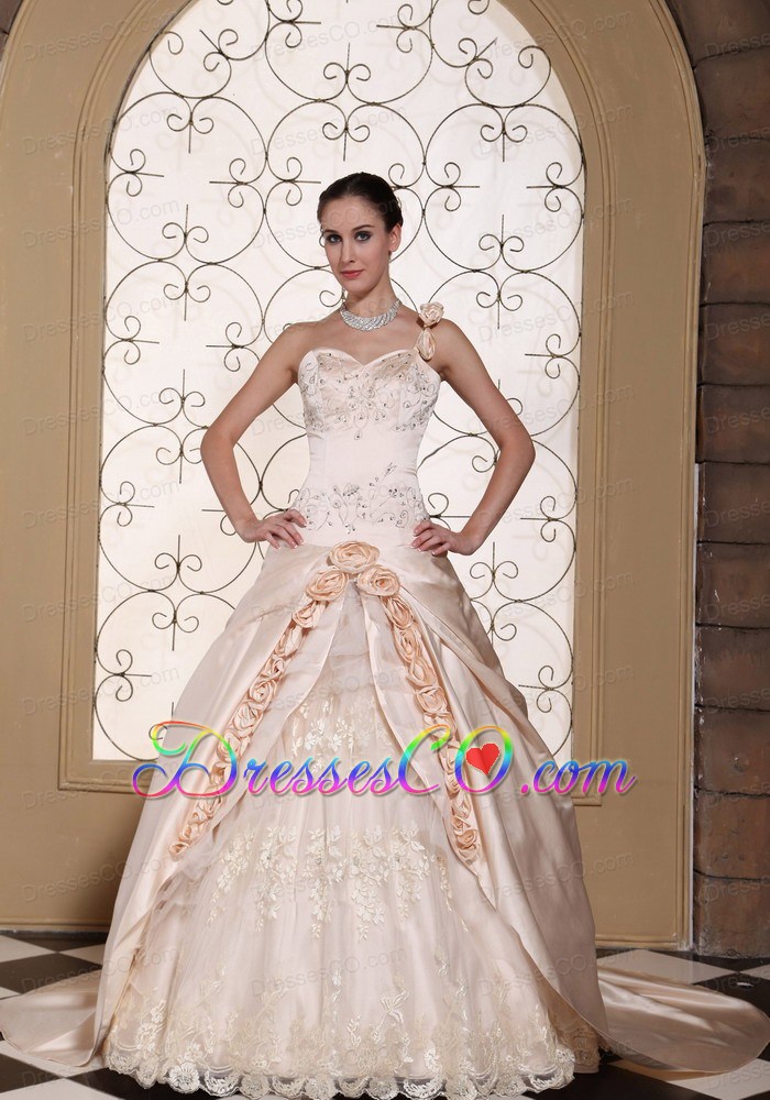 One Shoulder Champagne Ball Gown Wedding Dress For Hand Made Flowers and Embroidery On Satin