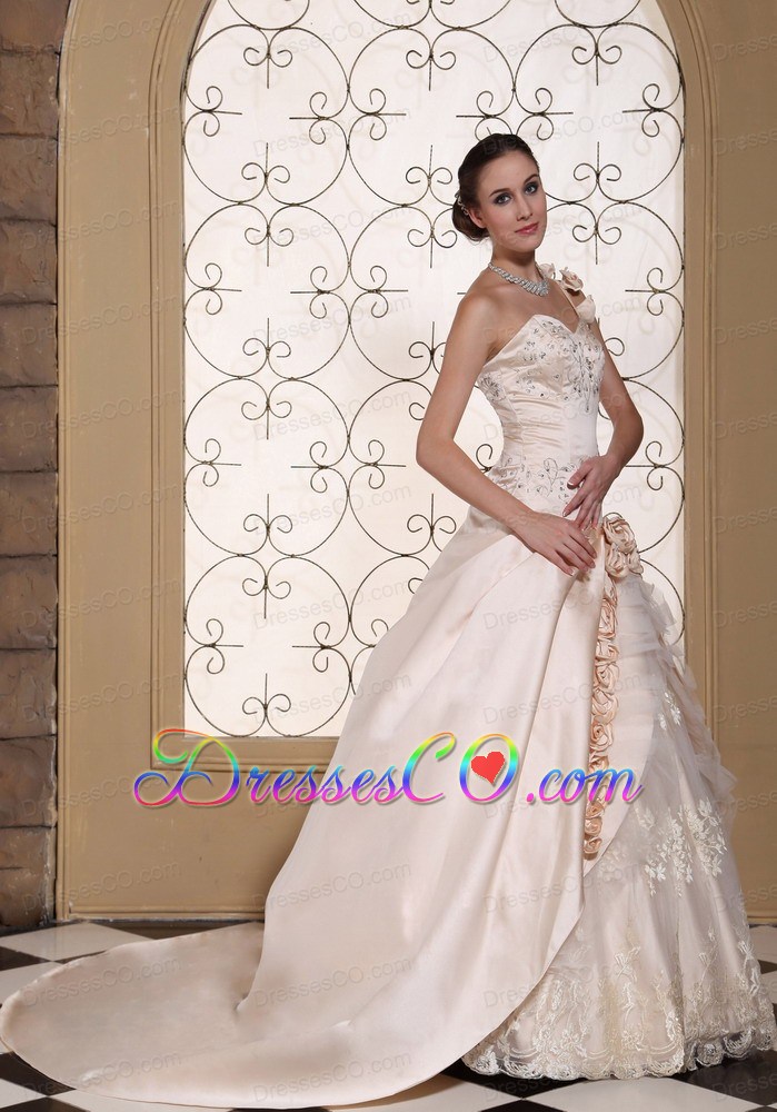 One Shoulder Champagne Ball Gown Wedding Dress For Hand Made Flowers and Embroidery On Satin