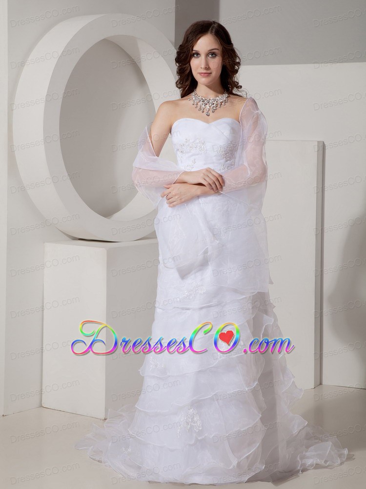 Fashionable Column / Sheath Brush / Sweep Organza Appliques Wedding Dress