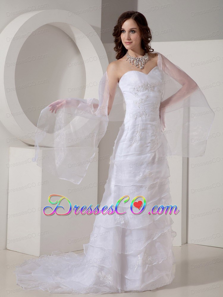 Fashionable Column / Sheath Brush / Sweep Organza Appliques Wedding Dress