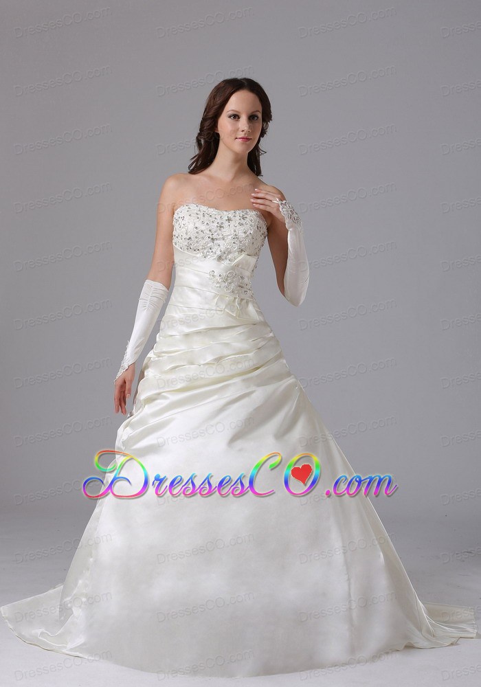 Custom Made A-line Appliques and Ruching Romantic Wedding Dress With Court Train