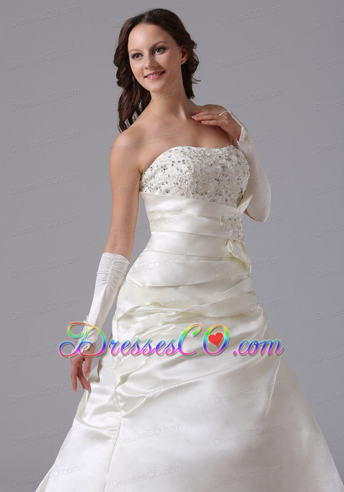 Custom Made A-line Appliques and Ruching Romantic Wedding Dress With Court Train