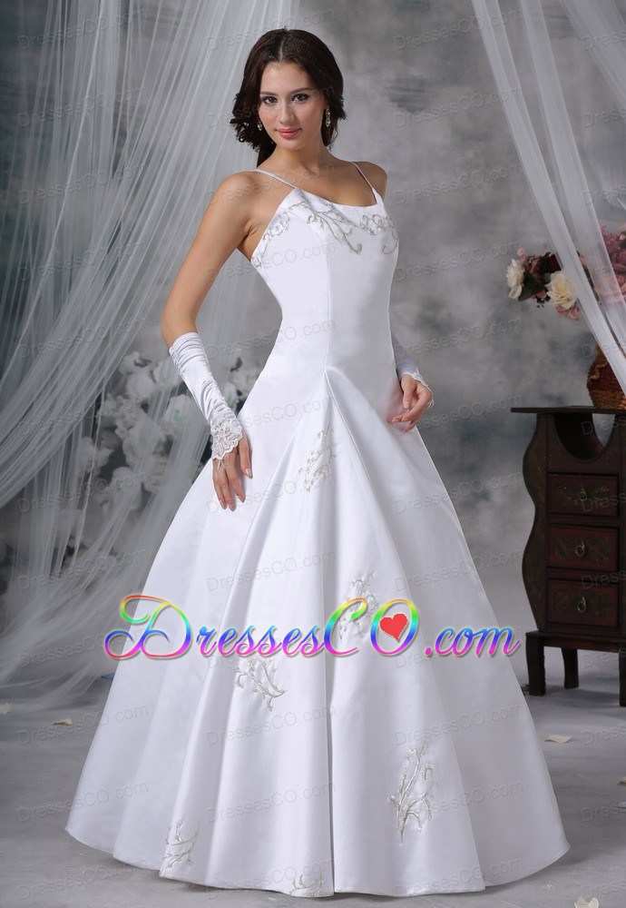 Embroidery Decorate Bodice Straps Long Ball Gown Satin Modest Style Wedding Dress For 2013
