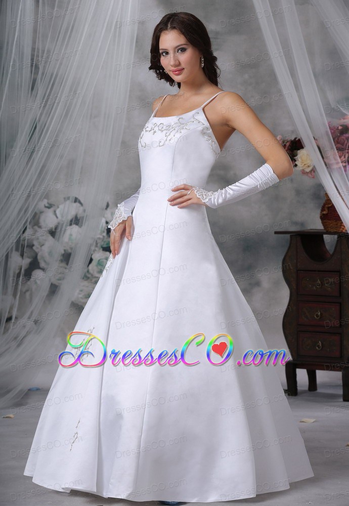 Embroidery Decorate Bodice Straps Long Ball Gown Satin Modest Style Wedding Dress For 2013
