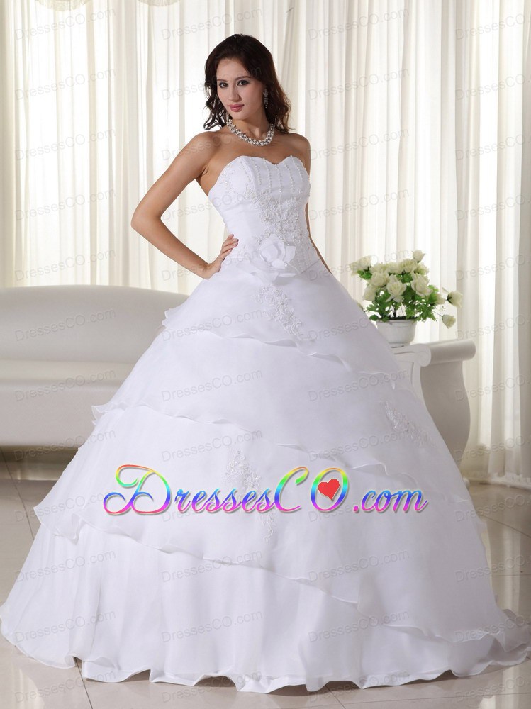 White Ball Gown Long Organza Beading Wedding Dress