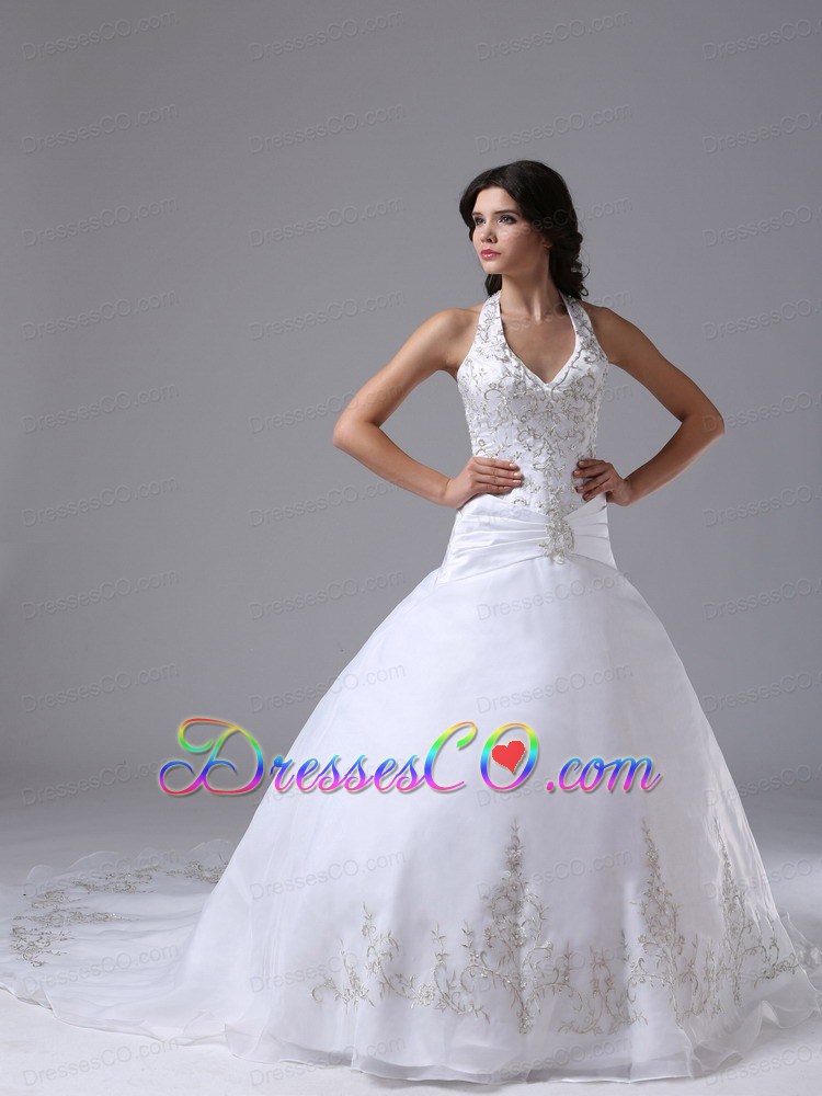 Halter Ball Gown Wedding Dress Embroidery Decorate Bodice Custom Made Brush Train