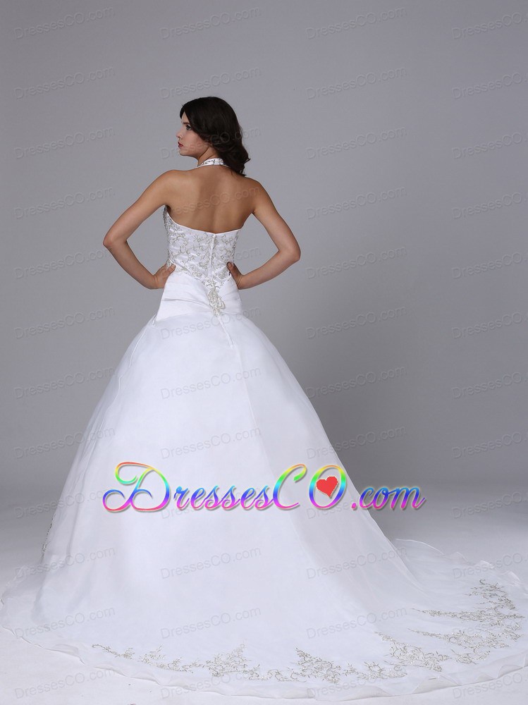 Halter Ball Gown Wedding Dress Embroidery Decorate Bodice Custom Made Brush Train