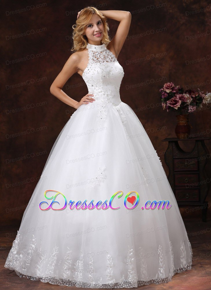 Luxurious Halter Appliques With Beading For Ball Gown Wedding Dress