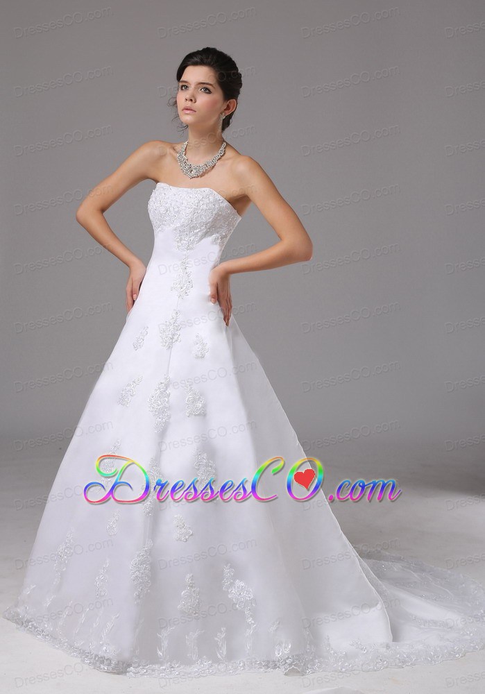 A-line Romantic Wedding Dress With Lace Strapless Brush Train