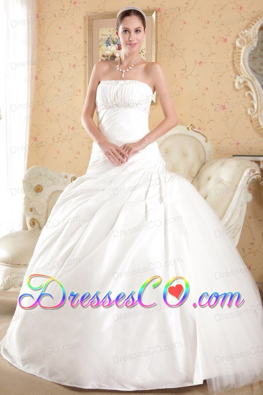 White Ball Gown Strapless Court Train Tulle and Taffeta Beading Wedding Dress
