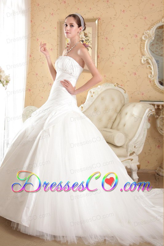 White Ball Gown Strapless Court Train Tulle and Taffeta Beading Wedding Dress