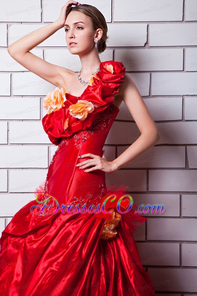 Red A-line One Shoulder Count Train Taffeta Appliques and Hand Made Flowers Wedding Dress