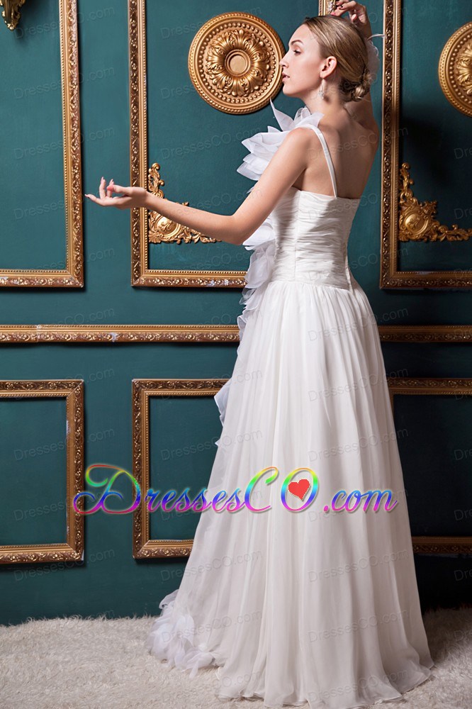 Elegant A-line One Shoulder Brush Train Organza Ruffles Wedding Dress