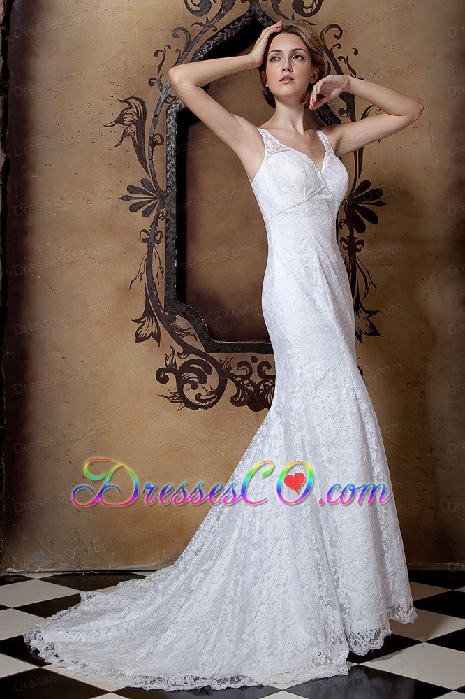 Gorgeous Column V-neck Court Train Lace Beading Wedding Dress