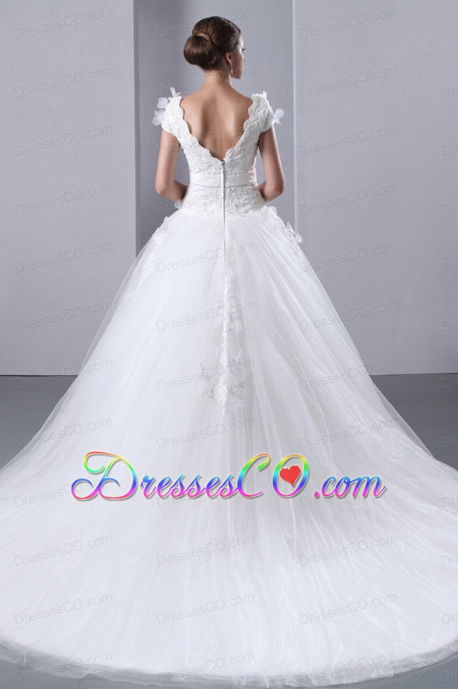 Beautiful A-line Scoop Cathedral Train Taffeta and Tulle Appliques and Hand Made Flowers Wedding Dress