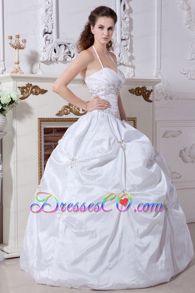 White Ball Gown Halter Long Taffeta Embroidery Wedding Dress