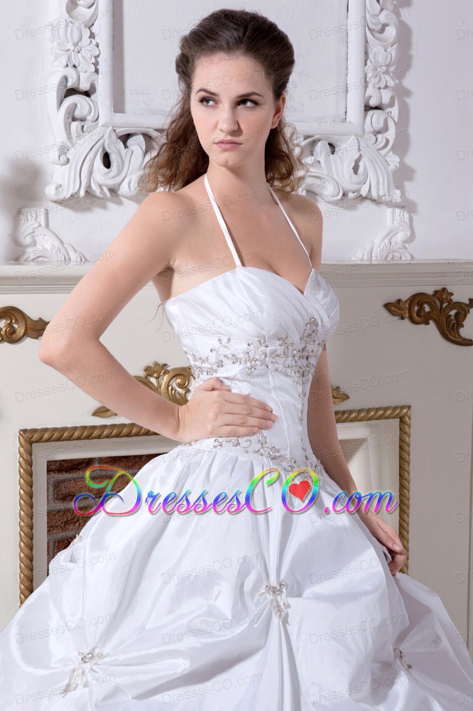 White Ball Gown Halter Long Taffeta Embroidery Wedding Dress