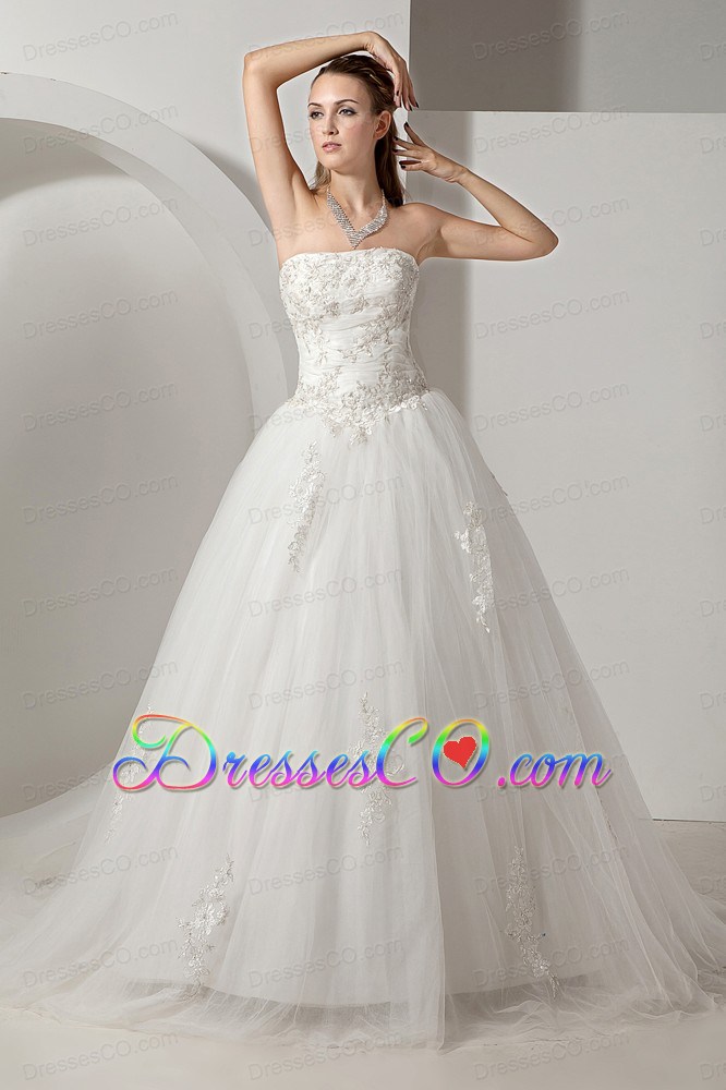 Lovely A-line Strapless Chapel Train Tulle Appliques Wedding Dress