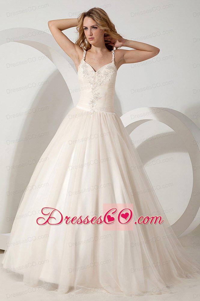 Lovely Ball Gown Straps Brush Train Tulle Appliques Wedding Dress