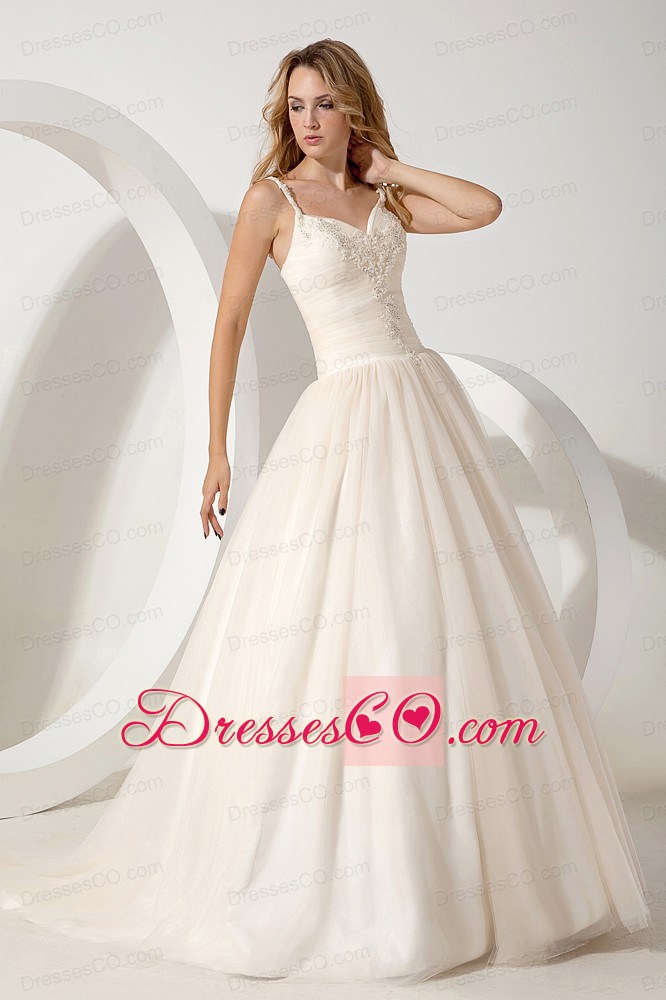 Lovely Ball Gown Straps Brush Train Tulle Appliques Wedding Dress