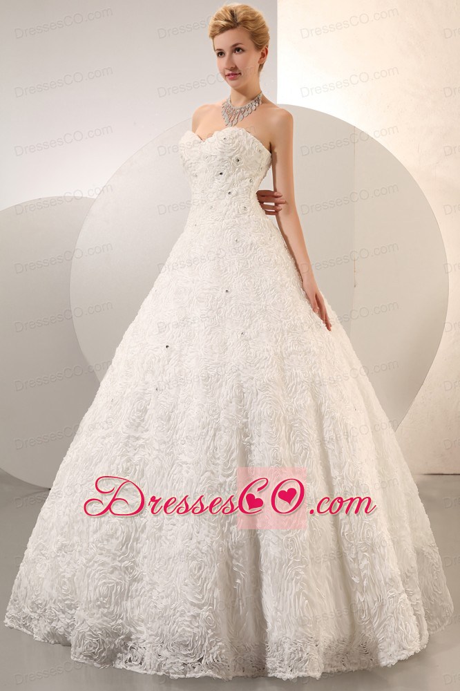 Beautiful A-line Long Fabric With Rolling Flowers Beading Wedding Dress