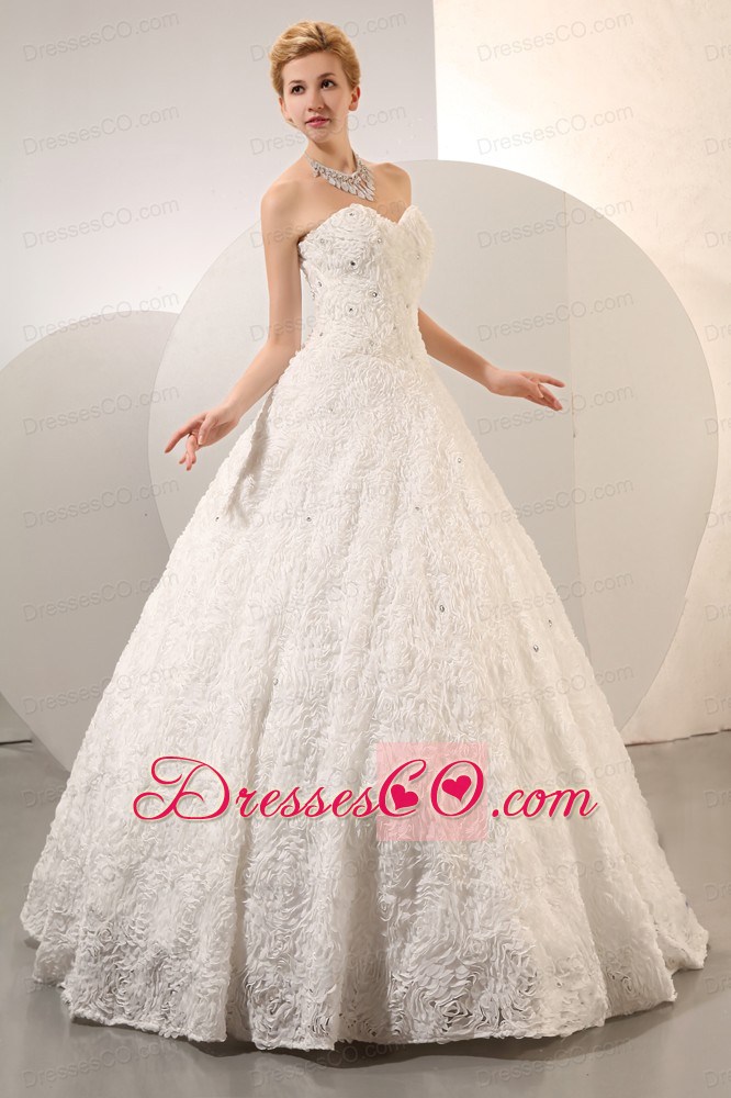 Beautiful A-line Long Fabric With Rolling Flowers Beading Wedding Dress