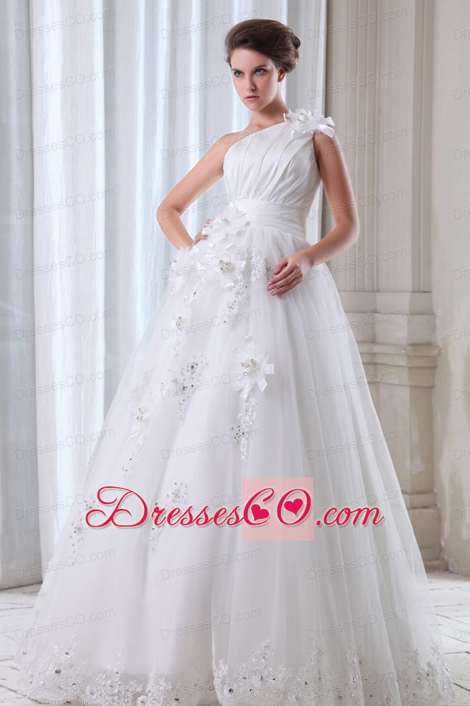 Romantic A-line One Shoulder Long Tulle Beading And Appliques Wedding Dress