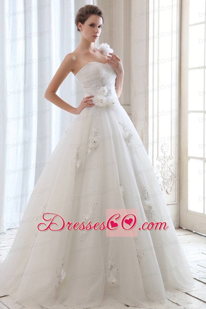 Romantic A-line One Shoulder Long Tulle Beading And Hand Made Flowers Wedding Dress