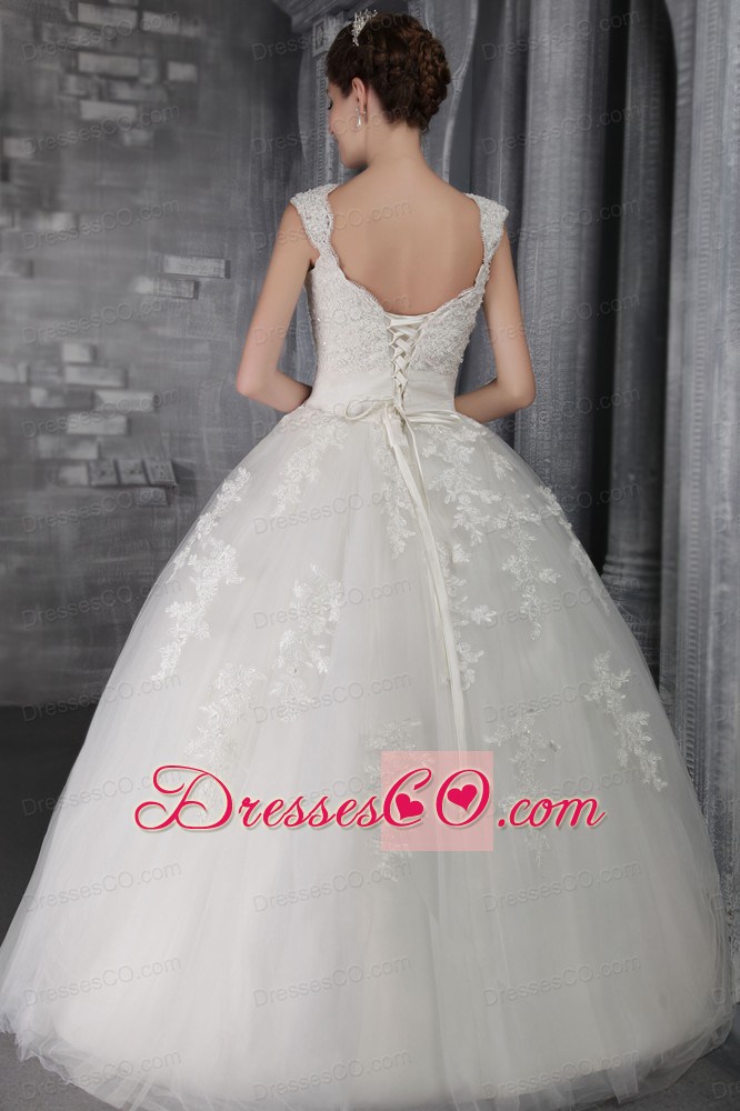 Elegant Ball Gown Straps Long Tulle Lace Appliques Wedding Dress