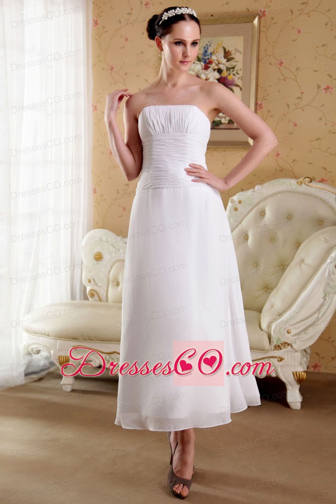 White Empire Strapless Ankle-length Chiffon Ruching Wedding Dress